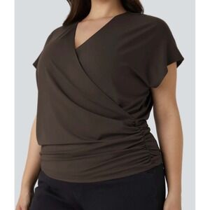 Halara Cap Sleeve Crossover Ruched Lightweight XL Brown Womens